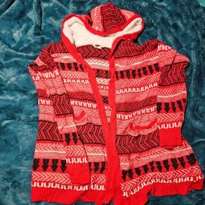 No Boundaries Open‎ Front Hooded Cardigan Sweater Red Aztec XL